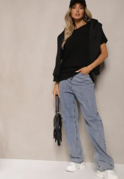 Czarny Bawełniany T-shirt Oversize z Krótkim Rękawem i Dłuższym Tyłem Zanimara