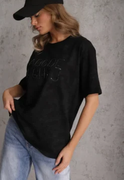 Czarny Bawełniany T-shirt Oversize z Haftowanym Napisem z Cekinami Talomora