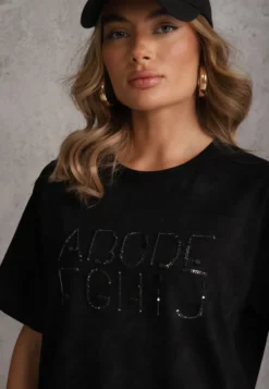 Czarny Bawełniany T-shirt Oversize z Haftowanym Napisem z Cekinami Talomora
