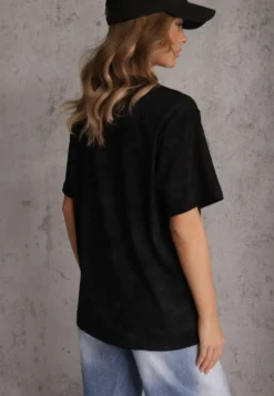 Czarny Bawełniany T-shirt Oversize z Haftowanym Napisem z Cekinami Talomora