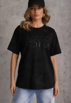 Czarny Bawełniany T-shirt Oversize z Haftowanym Napisem z Cekinami Talomora