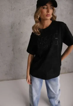 Czarny Bawełniany T-shirt Oversize z Haftowanym Napisem z Cekinami Talomora