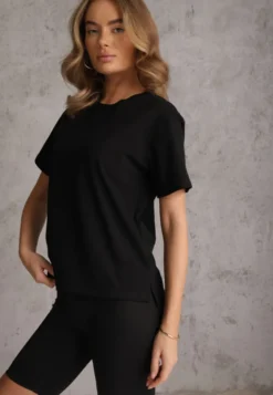 Czarny Bawełniany T-shirt Ozdobiony po Bokach Rozcięciami Brinelle