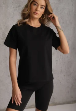 Czarny Bawełniany T-shirt Ozdobiony po Bokach Rozcięciami Brinelle
