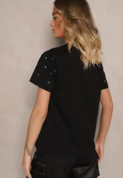 Czarny Bawełniany T-shirt Ozdobiony Napisem i Cyrkoniami Nalavenna