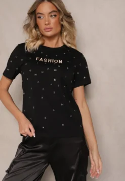 Czarny Bawełniany T-shirt Ozdobiony Napisem i Cyrkoniami Nalavenna