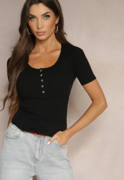 Czarny Bawełniany T-shirt Prążkowany z Guzikami Florvivi