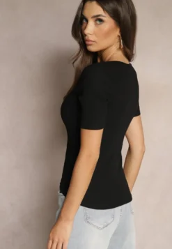 Czarny Bawełniany T-shirt Prążkowany z Guzikami Florvivi