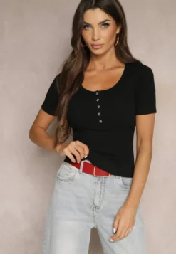 Czarny Bawełniany T-shirt Prążkowany z Guzikami Florvivi