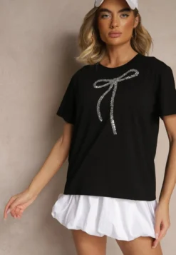 Czarny Bawełniany T-shirt z Cekinową Aplikacją w Kształcie Kokardy Tenuria