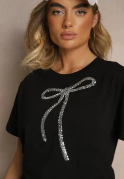 Czarny Bawełniany T-shirt z Cekinową Aplikacją w Kształcie Kokardy Tenuria