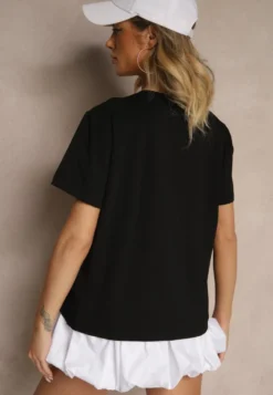 Czarny Bawełniany T-shirt z Cekinową Aplikacją w Kształcie Kokardy Tenuria