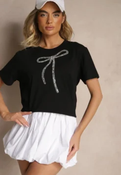 Czarny Bawełniany T-shirt z Cekinową Aplikacją w Kształcie Kokardy Tenuria