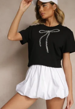 Czarny Bawełniany T-shirt z Cekinową Aplikacją w Kształcie Kokardy Tenuria