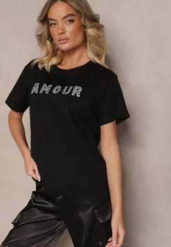 Czarny Bawełniany T-shirt z Napisem z Cekinami Marivinna