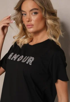 Czarny Bawełniany T-shirt z Napisem z Cekinami Marivinna