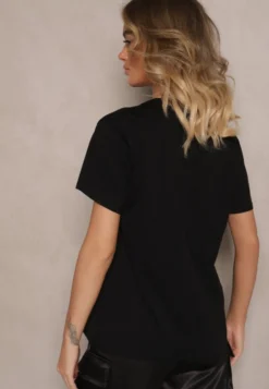 Czarny Bawełniany T-shirt z Napisem z Cekinami Marivinna
