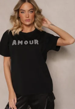Czarny Bawełniany T-shirt z Napisem z Cekinami Marivinna