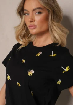 Czarny Bawełniany T-shirt z Ozdobnym Haftem Falvivi