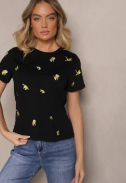 Czarny Bawełniany T-shirt z Ozdobnym Haftem Falvivi