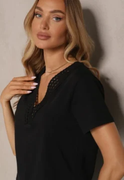 Czarny Bawełniany T-shirt z Wiskozą i Ażurowym Wzorem Fenirea