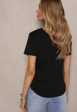 Czarny Bawełniany T-shirt z Wiskozą i Ażurowym Wzorem Fenirea