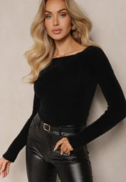Czarny Casualowy Sweter z Futerkiem Vertida