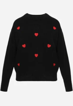 Czarny Casualowy Sweter z Wełną i Bawełną z Haftowanymi Serduszkami z Przodu Veroni