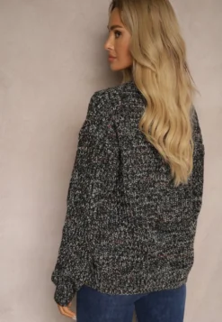 Czarny Casualowy Sweter z Wełną z Kolorowymi Przeszyciami Dezira