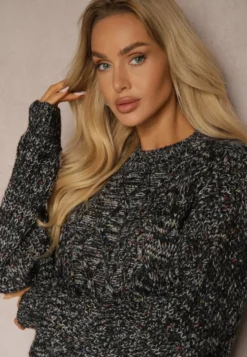 Czarny Casualowy Sweter z Wełną z Kolorowymi Przeszyciami Dezira