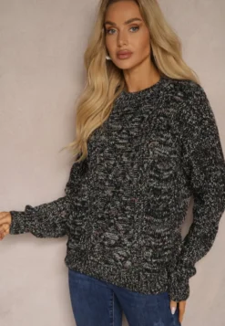 Czarny Casualowy Sweter z Wełną z Kolorowymi Przeszyciami Dezira