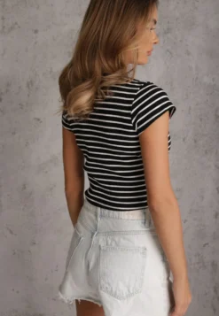 Czarny Crop Top Bawełny z Prążkowanej Dzianiny w Paski Ozdobiony Wycięciem Ionilla