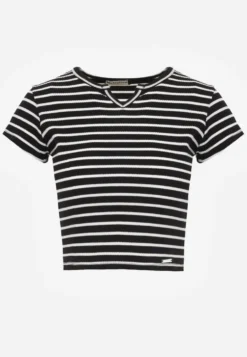 Czarny Crop Top Bawełny z Prążkowanej Dzianiny w Paski Ozdobiony Wycięciem Ionilla