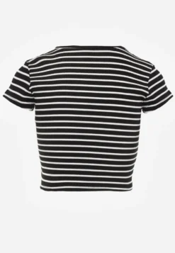Czarny Crop Top Bawełny z Prążkowanej Dzianiny w Paski Ozdobiony Wycięciem Ionilla