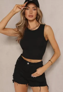 Czarny Crop Top z Prążkowanego Materiału Nevonessa