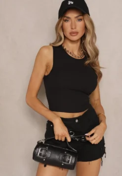 Czarny Crop Top z Prążkowanego Materiału Nevonessa