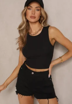 Czarny Crop Top z Prążkowanego Materiału Nevonessa