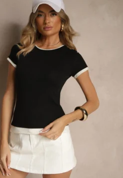 Czarny Dopasowany T-shirt z Domieszką Lnu Sallietia