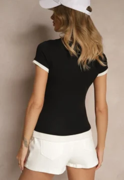 Czarny Dopasowany T-shirt z Domieszką Lnu Sallietia