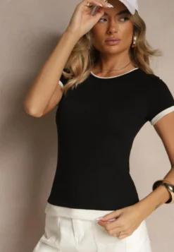 Czarny Dopasowany T-shirt z Domieszką Lnu Sallietia