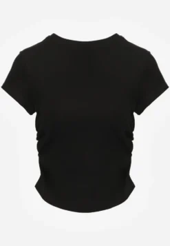 Czarny Dopasowany T-shirt z Marszczeniem z Bawełnianej Tkaniny w Prążki Assarena