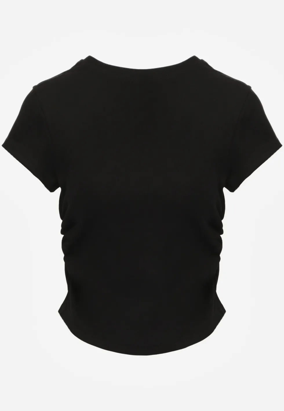 Czarny Dopasowany T-shirt z Marszczeniem z Bawełnianej Tkaniny w Prążki Assarena