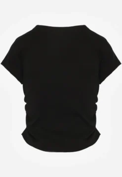 Czarny Dopasowany T-shirt z Marszczeniem z Bawełnianej Tkaniny w Prążki Assarena