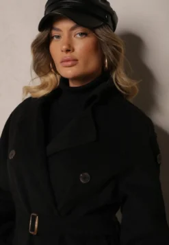 Czarny Dwurzędowy Płaszcz Trencz o Eleganckim Kroju z Paskiem Edioneta