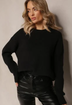 Czarny Dzianinowy Sweter z Okrągłym Dekoltem Aissorne