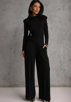 Czarny Elegancki Komplet Spodnie Wide Leg i Bluzka z Poduszkami w Ramionach Sewinea