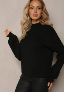Czarny Gładki Sweter Golf ze Ściągaczami Germifa