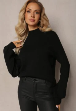 Czarny Gładki Sweter Golf ze Ściągaczami Germifa