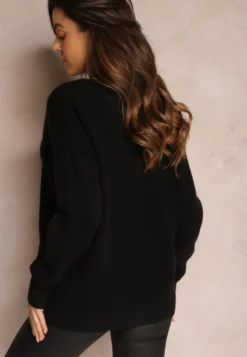 Czarny Gładki Sweter z Bawełną o Kroju Oversize Conime