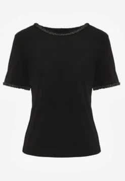 Czarny Gładki T-shirt Bawełniany z Ozdobnymi Lamówkami z Warkoczowego Splotu Thalia